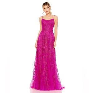 NWT $598 MAC DUGGAL FLORAL APPLIQUE CAMI A LINE GOWN DRESS HOT PINK LACE 50683